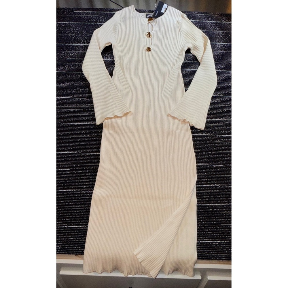 Future Collective Sweater Dress Women 2X Cream NEW Gold Button Ribbed Maxi Slit